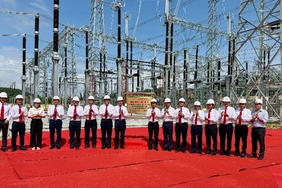 Lãnh đạo Đảng ủy EVN, EVNNPT cùng các đơn vị liên quan thực hiện nghi thức gắn biển công trình. (Ảnh: LÊ CHI)