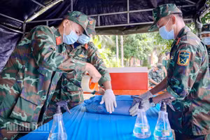 Đội lấy mẫu cẩn thận lấy mẫu hài cốt liệt sĩ chưa xác định được thông tin để phục vụ giám định ADN tại nghĩa trang liệt sĩ tỉnh An Giang, ở phường Rạch Giá.