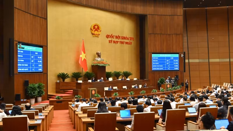 Với 457/457 đại biểu tham gia biểu quyết tán thành (đạt 100%), Quốc hội thông qua việc điều chỉnh, bổ sung Chương trình Kỳ họp thứ nhất, Quốc hội khóa XVI. (Ảnh: THỦY NGUYÊN)