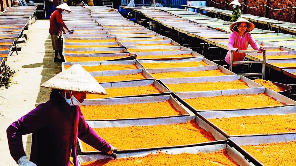 Muối phơi dưới nắng mặt trời, thành phẩm rất xốp, vị vừa ăn, ít xuống màu nhưng tốn nhiều thời gian, công sức của thợ.