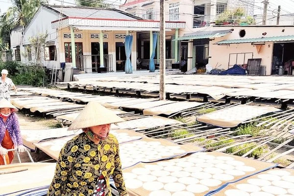 Người dân làng nghề Sơn Đốc tất bật phơi bánh phồng những ngày cận Tết.