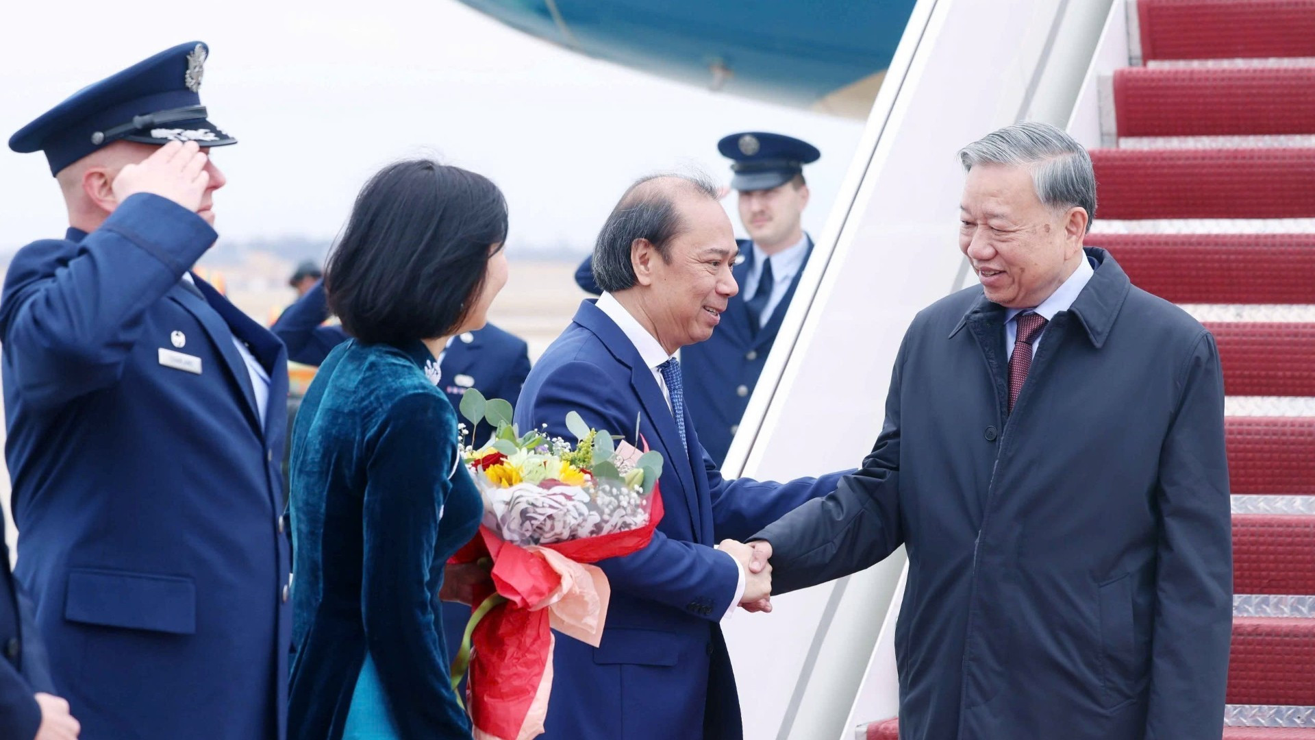 Lễ đón Tổng Bí thư Tô Lâm tại sân bay quân sự Andrews, thủ đô Washington D.C. (Ảnh: Thống Nhất/TTXVN)