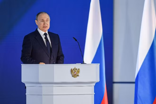 Tổng thống Nga Vladimir Putin phát biểu tại Moskva, Nga. (Ảnh: THX/TTXVN phát)