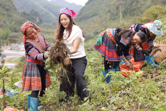 Hình ảnh bà con dân tộc thiểu số xã Sìn Hồ, tỉnh Lai Châu livestream bán nông sản trên nền tảng công nghệ số.