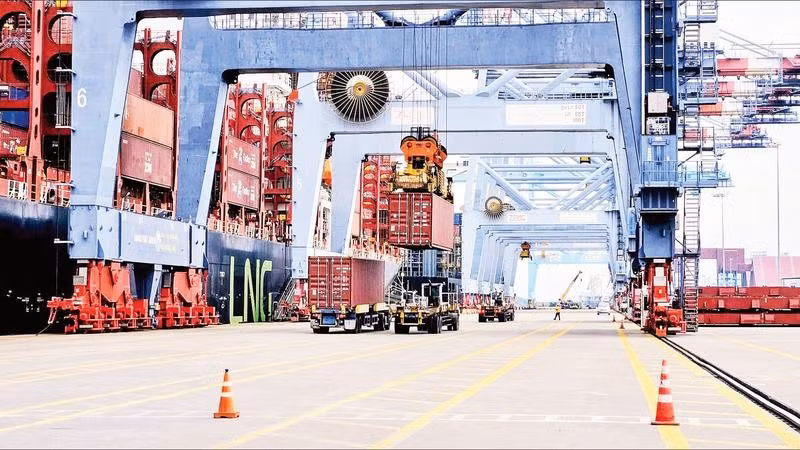 Bốc dỡ hàng tại cụm cảng Cái Mép-Thị Vải. (Ảnh VÕ LÊ)