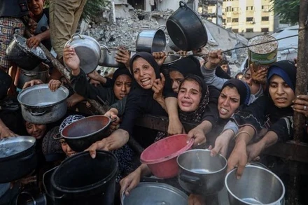 Người dân Palestine phải di dời chờ nhận thực phẩm miễn phí từ một trung tâm phân phối thực phẩm ở thành phố Gaza, ngày 14/7/2025.(Ảnh: THX)