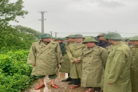Các thành viên đoàn công tác kiểm tra đê tả sông Bưởi.
