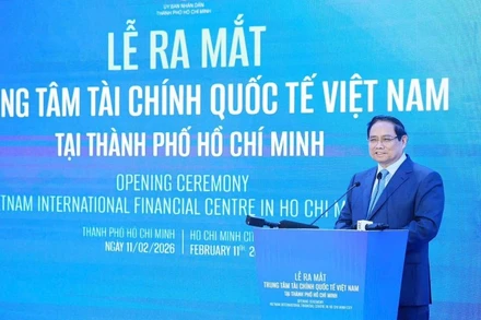 Thủ tướng Chính phủ Phạm Minh Chính phát biểu tại Lễ ra mắt Trung tâm Tài chính quốc tế Việt Nam tại Thành phố Hồ Chí Minh.