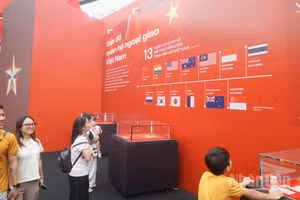 Khách tham quan tại Phân khu 5, Triển lãm 95 năm Cờ Đảng soi đường. (Ảnh: TRUNG HƯNG)