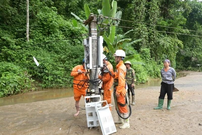 Cán bộ điện lực Lào Cai khắc phục sự cố do thiên tai.