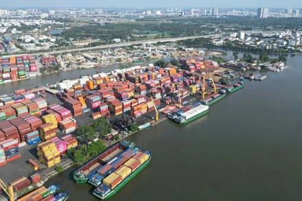 Bốc dỡ hàng hóa tại cảng Trường Thọ, phường Bình Trưng, Thành phố Hồ Chí Minh (Ảnh THẾ ANH).