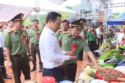 Đồng chí Trần Tiến Dũng, Phó Bí thư Tỉnh ủy Điện Biên cùng đại biểu tham quan các gian hàng của nông dân xã Mường Phăng.