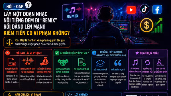 [Hỏi-đáp] Lấy một đoạn nhạc nổi tiếng đem đi “remix” rồi đăng lên mạng kiếm tiền có vi phạm không?