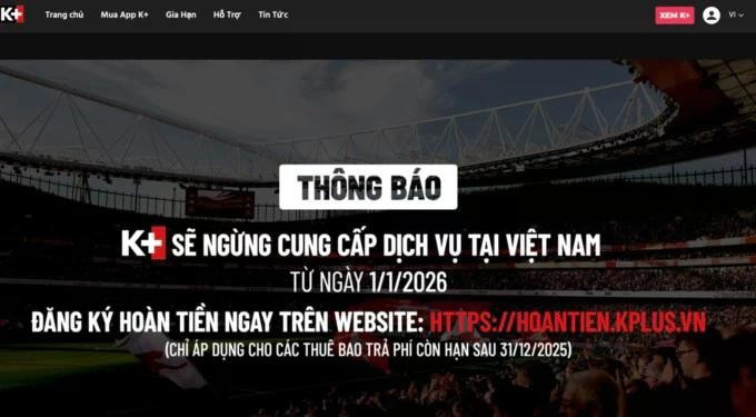 Thông báo dừng phát sóng từ ngày 1/1/2026 của truyền hình K+.