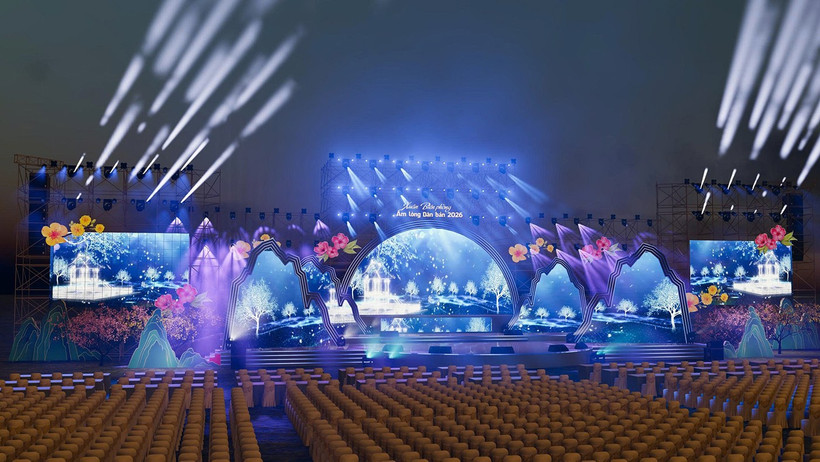 Phối cảnh sân khấu chương trình “Xuân Biên phòng ấm lòng dân bản”. (Ảnh: Ban tổ chức)