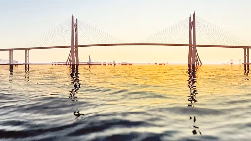 Phối cảnh cầu Cần Giờ nối xã Bình Khánh và xã Nhà Bè, giúp mở ra trục kết nối nhanh hơn từ trung tâm thành phố đến vùng ven và Đồng bằng sông Cửu Long.