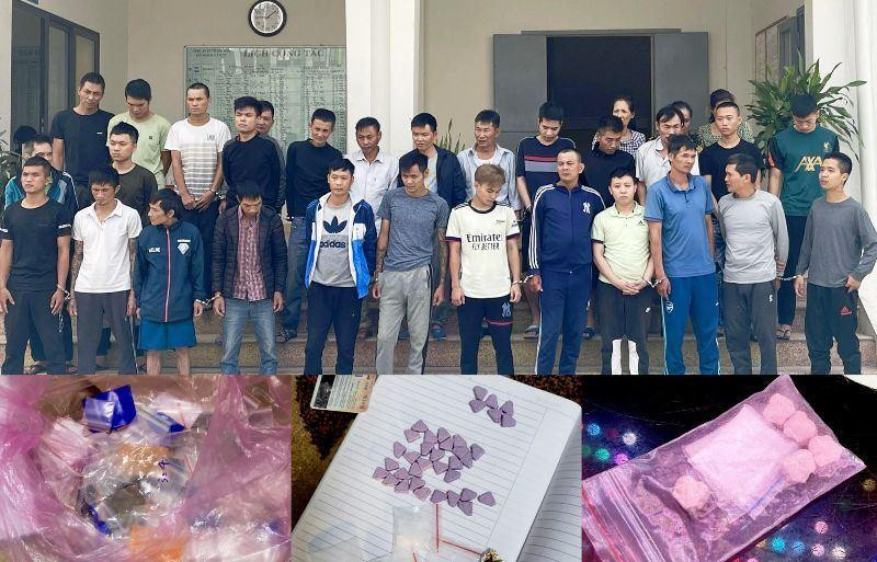 Các đối tượng mua bán ma túy cùng tang vật.