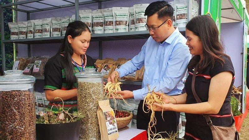 Du khách tìm hiểu về dược liệu trên địa bàn huyện Đăk Glei. 