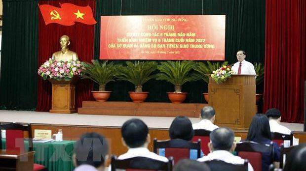Hội nghị sơ kết công tác 6 tháng đầu năm, triển khai nhiệm vụ 6 tháng cuối năm 2022 của Ban Tuyên giáo Trung ương. (Ảnh: An Đăng/TTXVN) 