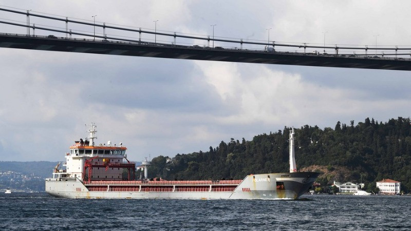 Tàu chở ngũ cốc từ Ukraine đi qua eo biển Bosphorus ở Istanbul, Thổ Nhĩ Kỳ, ngày 7/8/2022. (Ảnh: Xinhua)