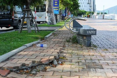 Một đoạn vỉa hè đường Bạch Đằng bong tróc, xuống cấp, gây mất mỹ quan đô thị.