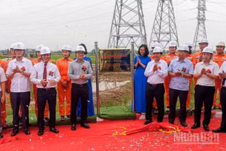 Các đại biểu thực hiện nghi thức cắt băng khánh thành và gắn biển công trình.