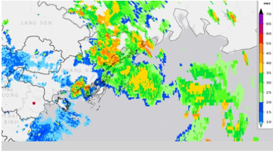 Hình ảnh phản hồi Radar thời tiết Phủ Liễn vào 13 giờ 30 ngày 19/7/2025 (trích dẫn từ bản tin cảnh báo dông, lốc, sét, mưa đá và mưa lớn cục bộ tỉnh Quảng Ninh phát lúc 13 giờ 30 ngày 19/7/2025).