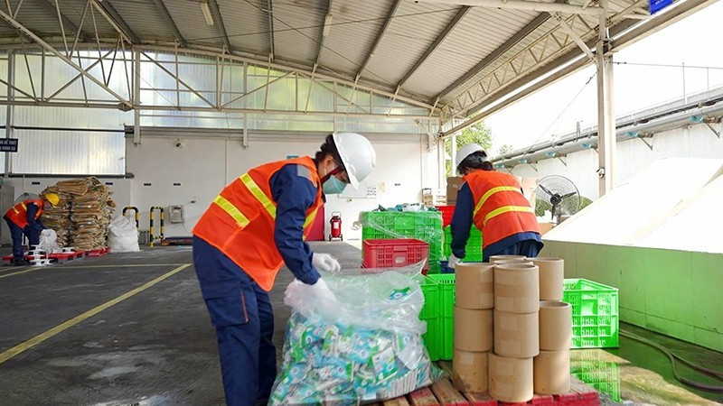 Phân loại rác thải tại nhà máy sữa của Friesland Campina Việt Nam. (Ảnh: VÕ HÙNG)