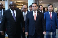 Thủ tướng Chính phủ Phạm Minh Chính và Tổng thống Cộng hòa Nam Phi Matamela Cyril Ramaphosa dự Diễn đàn Doanh nghiệp Việt Nam-Nam Phi. (Ảnh: Trần Hải)