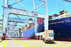 Bốc dỡ hàng hóa tại cảng Cái Mép-Thị Vải, phường Tân Thành, Thành phố Hồ Chí Minh (Ảnh THẾ ANH)