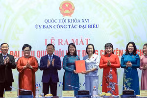 Phó Chủ tịch Quốc hội Nguyễn Thị Thanh trao Nghị quyết của Ủy ban Thường vụ Quốc hội về việc thành lập nhóm đại biểu Quốc hội hoạt động chuyên trách ở địa phương khóa XVI. (Ảnh: TUẤN ANH)