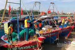 Cán bộ, chiến sĩ Đồn Biên phòng Đồ Sơn hỗ trợ ngư dân chằng buộc phương tiện tại khu vực neo đậu.
