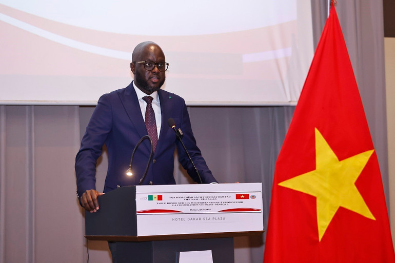 Chủ tịch Quốc hội Senegal Malick Ndiaye phát biểu. (Ảnh: DOÃN TẤN/TTXVN) vna-potal-chu-tich-quoc-hoi-tran-thanh-man-va-chu-tich-quoc-hoi-senegal-du-toa-dam-chinh-sach-thuc-day-hop-tac-viet-nam-senegal-8167687.jpg