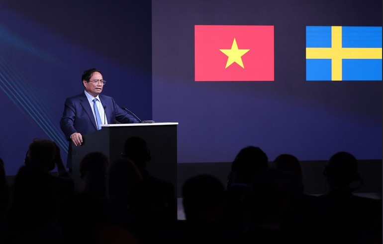 Thủ tướng Phạm Minh Chính phát biểu tại Diễn đàn kinh tế Việt Nam-Thụy Điển. (Ảnh: TTXVN) tt-3.jpg