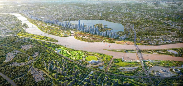 Phối cảnh c&aacute;c c&ocirc;ng vi&ecirc;n sinh th&aacute;i thuộc dự &aacute;n Trục đại lộ cảnh quan s&ocirc;ng Hồng.