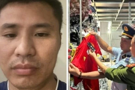 Lực lượng chức năng phối hợp, kiểm tra kho hàng của đối tượng Nguyễn Văn Quang (bên trái).