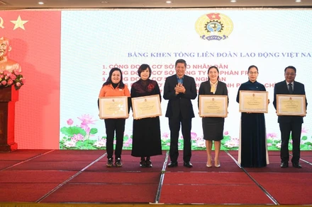 Đồng chí Huỳnh Thanh Xuân trao tặng Bằng khen của Tổng Liên đoàn Lao động Việt Nam tặng 5 tập thể trực thuộc Công đoàn Khoa học và Công nghệ Việt Nam.