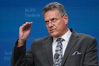 Ủy viên Thương mại Liên minh châu Âu Maros Sefcovic tại cuộc họp báo ở Brussels, Bỉ. (Ảnh: THX/TTXVN)