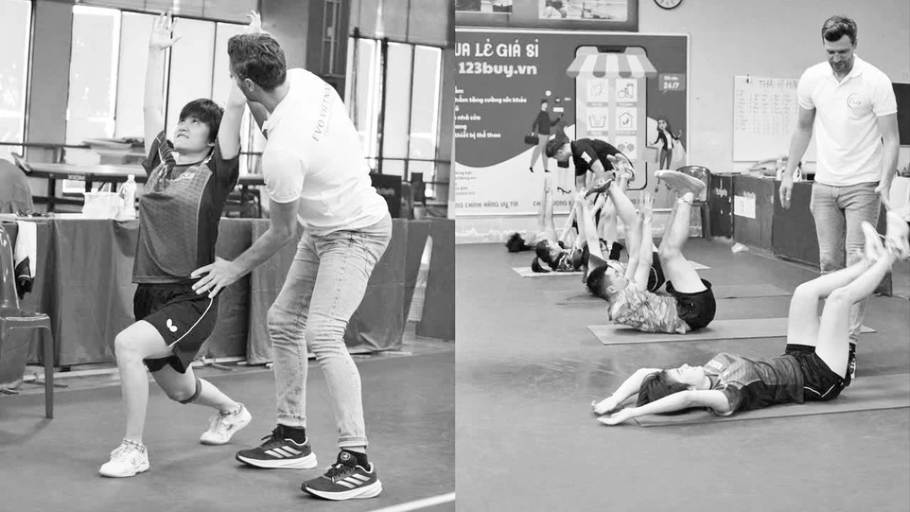 Chuyên gia người Đức Maik Berger hướng dẫn tập luyện thể lực cho VĐV Nguyễn Khoa Diệu Khánh và các VĐV đội bóng bàn Thành phố Hồ Chí Minh. (Ảnh: HT)