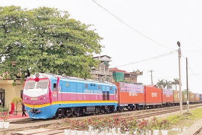 Đoàn tàu chở hàng liên vận quốc tế chạy qua ga Cao Xá (thành phố Hải Phòng).