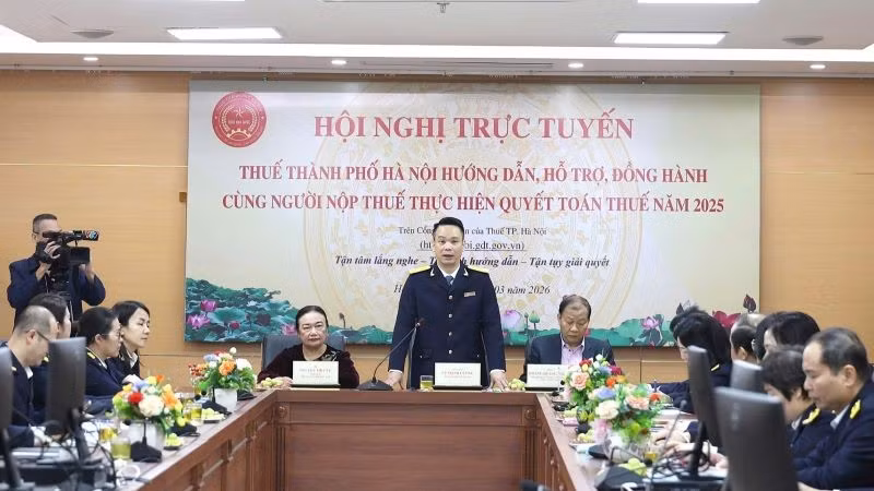 Trưởng Thuế TP Hà Nội Vũ Mạnh Cường phát biểu khai mạc hội nghị.