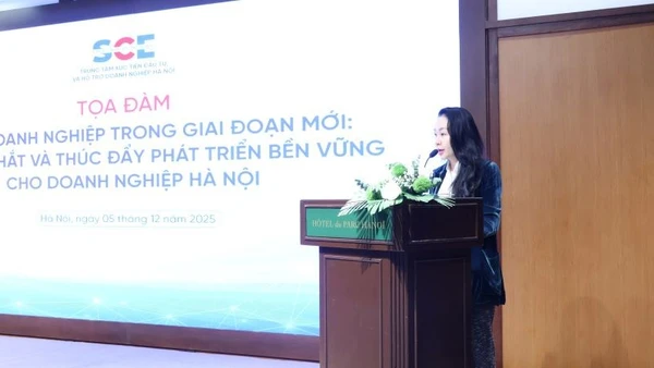 Bà Nghiêm Thị Hoàng Anh, Phó Giám đốc Trung tâm Xúc tiến đầu tư và Hỗ trợ doanh nghiệp Hà Nội phát biểu khai mạc. (Ảnh: ANH MINH).