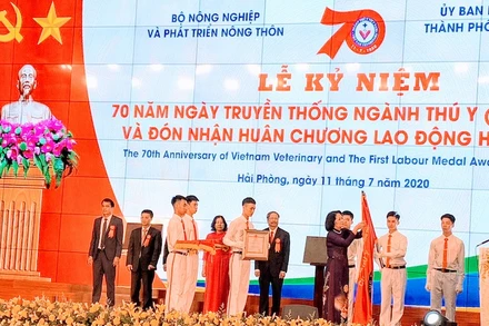 Phó Chủ tịch nước Đặng Thị Ngọc Thịnh gắn Huân chương Lao động hạng Nhất lên cờ truyền thống của ngành thú y Việt Nam.