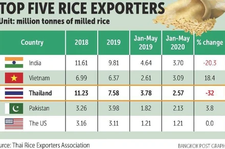 Năm nước xuất khẩu gạo hàng đầu thế giới. (Ảnh: Bangkok Post)