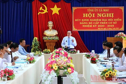 Phó Bí thư Thường trực Tỉnh ủy Cà Mau (đứng) chủ trì cuộc họp rút kinh nghiệm sau đại hội điểm cấp trên cơ sở.