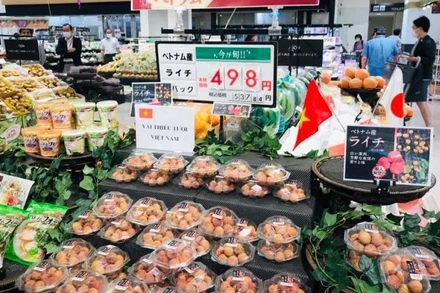 Vải thiều Việt Nam trên kệ hàng siêu thị Nhật Bản.