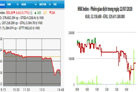 Diễn biến VN-Index và HNX-Index, phiên giao dịch ngày 22-7. 