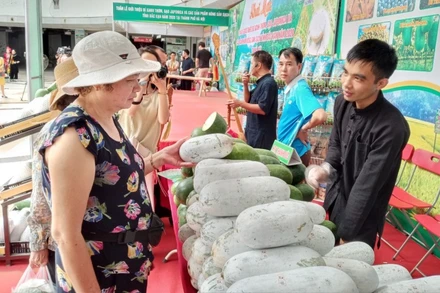 Các doanh nghiệp, HTX của tỉnh Bắc Kạn giới thiệu sản phẩm nông sản sạch tại siêu thị Vinmart Trung Hòa.