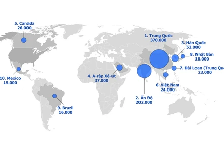 10 quốc gia có nhiều sinh viên đến Mỹ học tập nhất trong năm học 2018-2019. (Nguồn: Viện Giáo dục quốc tế (IIE) và Bộ Ngoại giao Mỹ)
