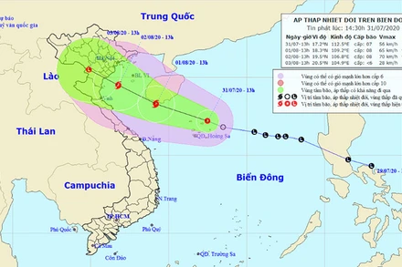 Vị trí và hướng di chuyển của áp thấp nhiệt đới. (Nguồn: nchmf.gov.vn)